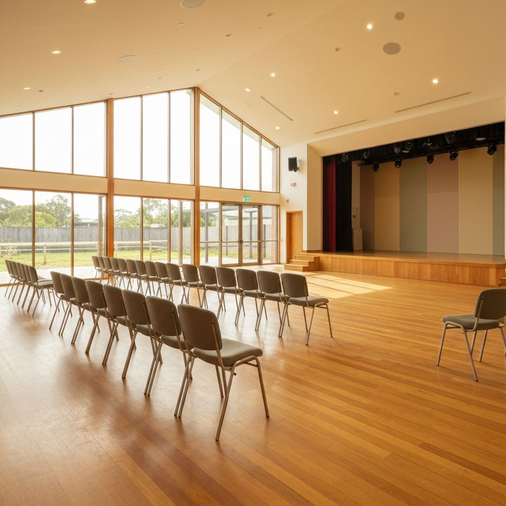 Bright and welcoming interior of Mount Waverley Community Centre main hall with wooden floors and large windows