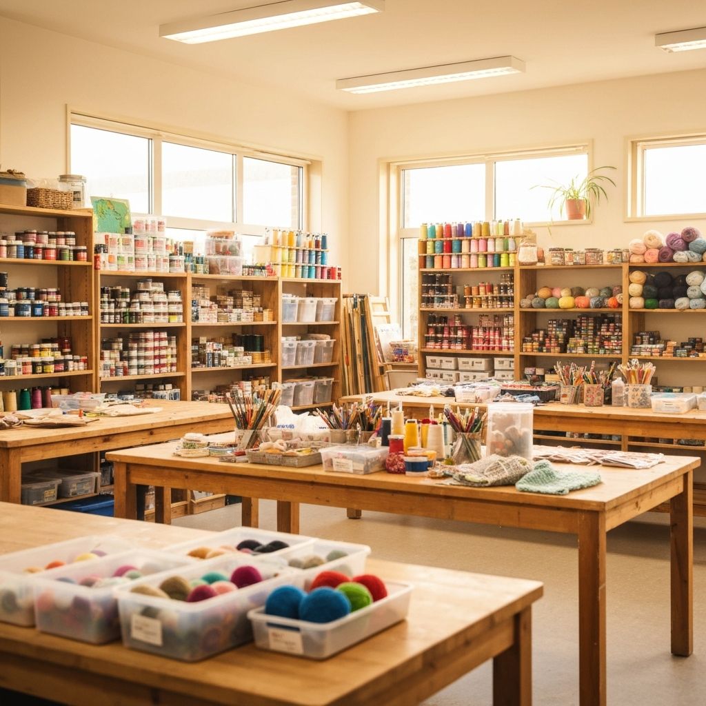 Bright craft room at Mount Waverley Community Centre with long tables and art supplies